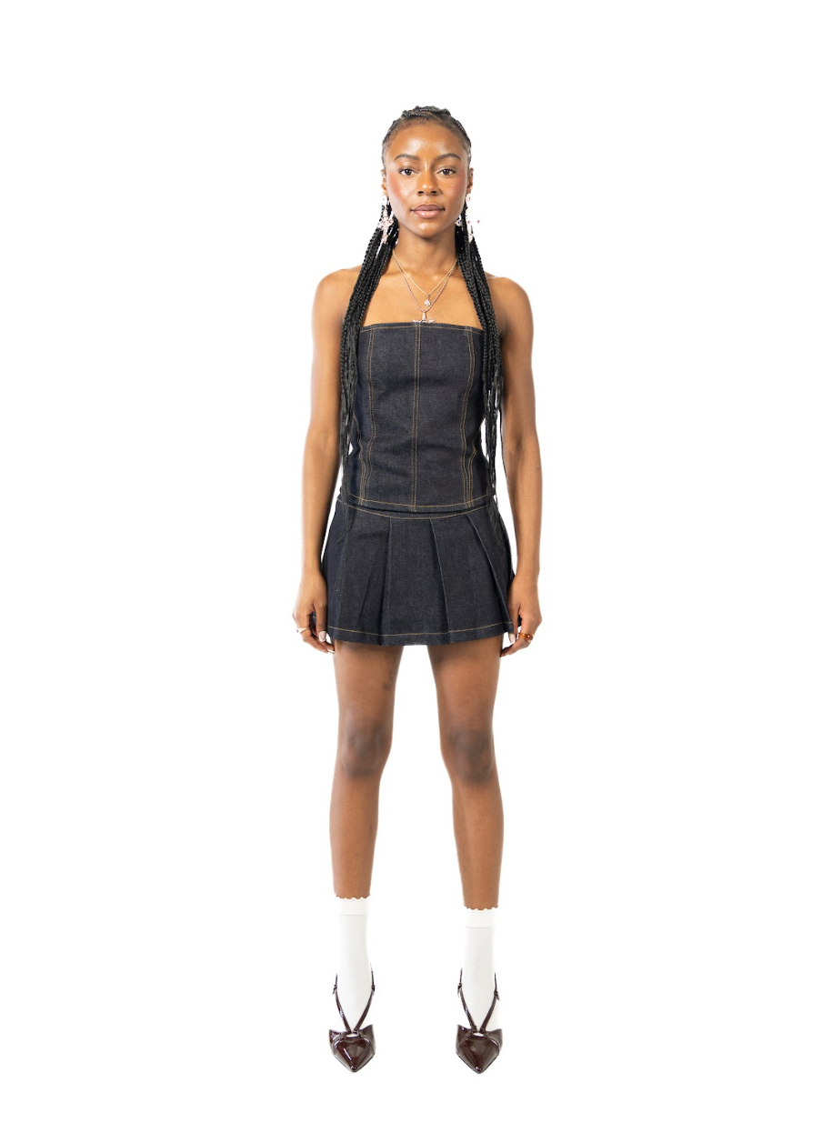 denim on denim pleaded mini skirt