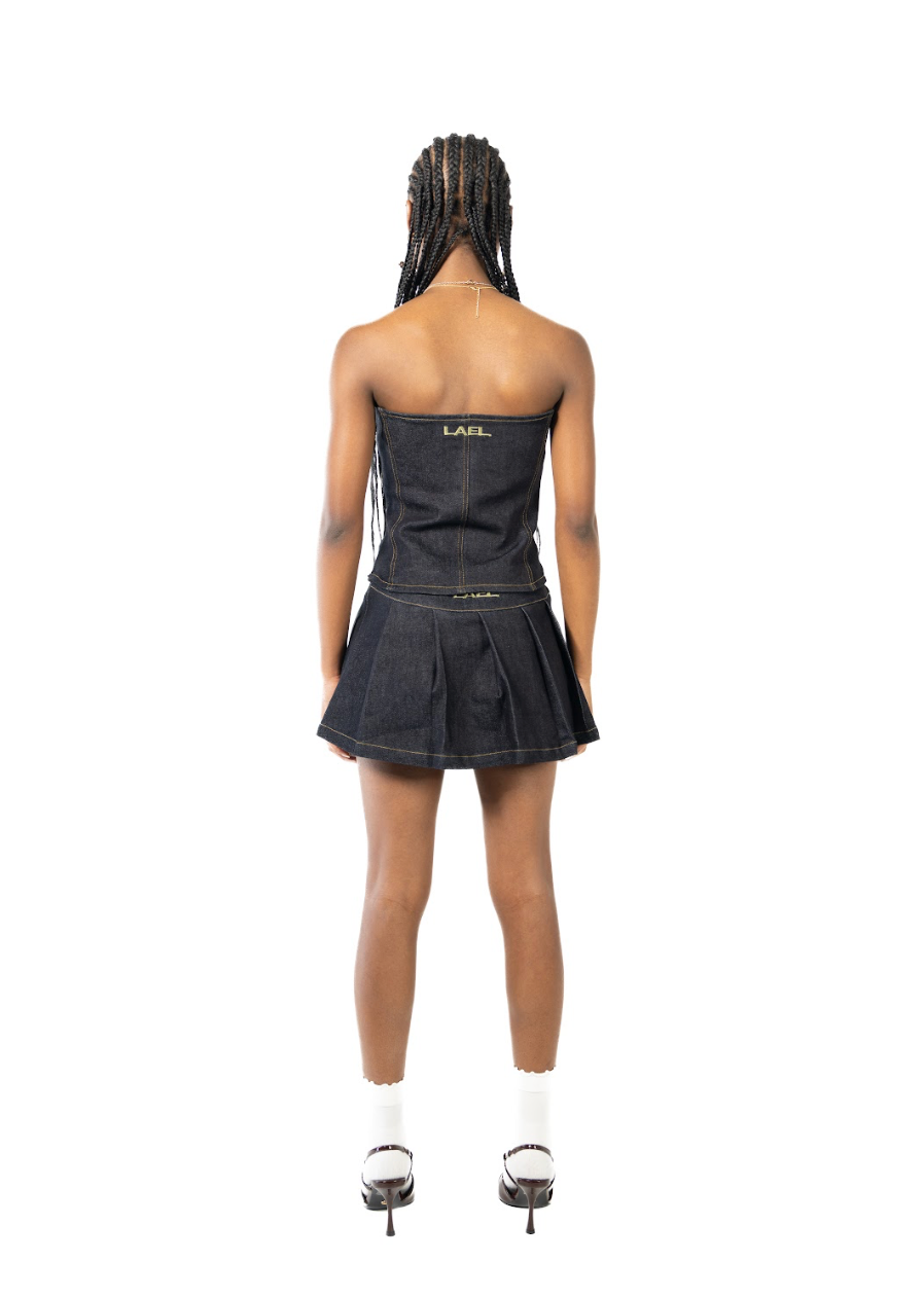 denim on denim pleaded mini skirt
