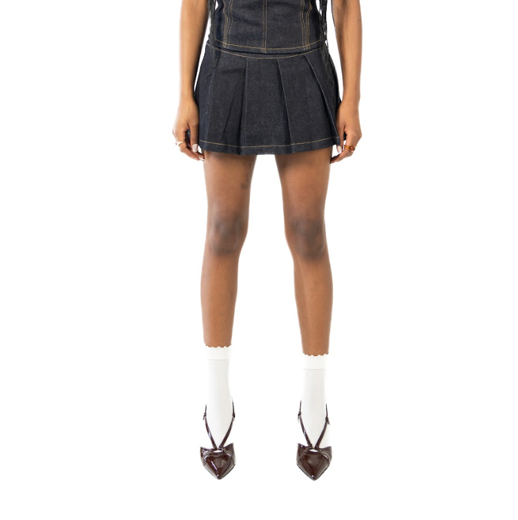 denim pleaded mini skirt